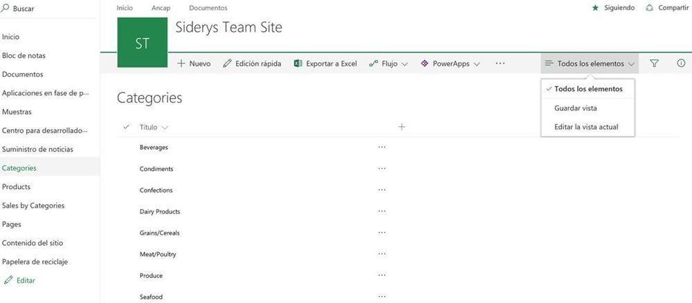 Acceso a los elementos de una lista en SharePoint Online utilizando una vista